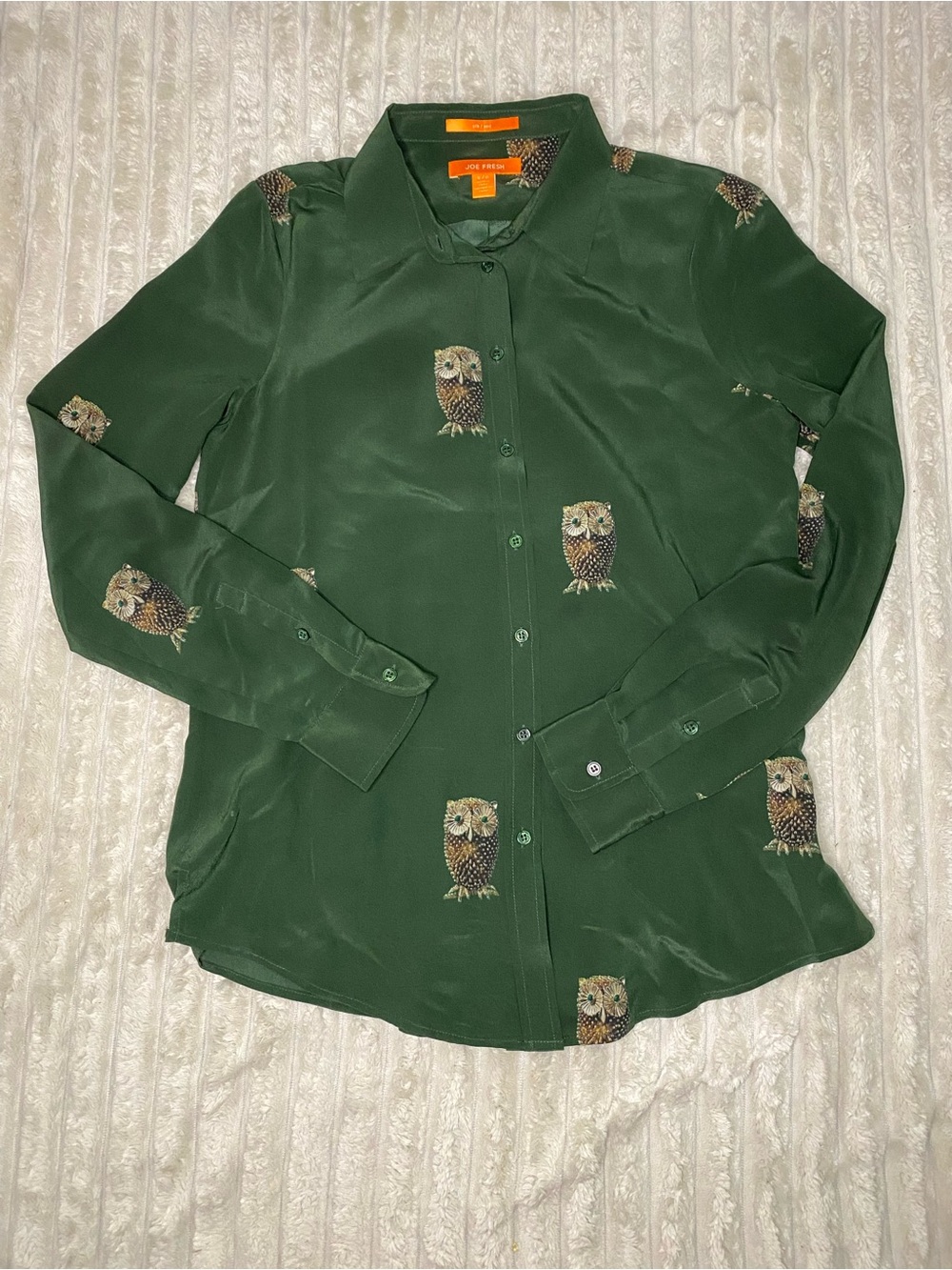 Joe Fresh Forest Green Silk Button-Up Blouse with Owl Print Size Small